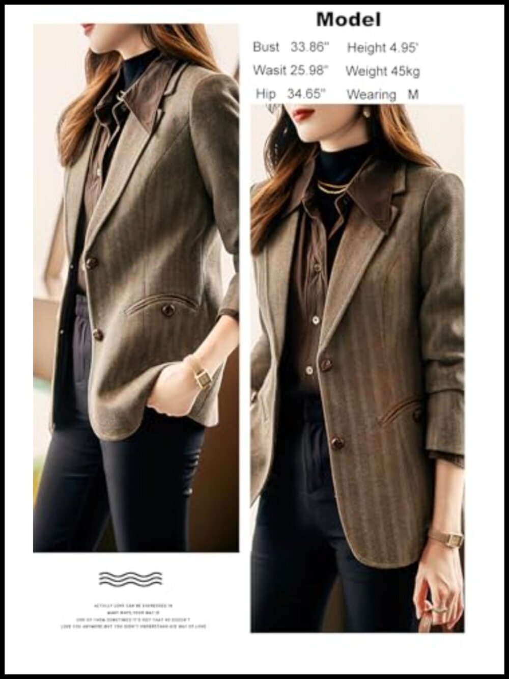 Women's Notched Lapel Plaid Herringbone Blazer Jacket Classic Slim Wool Blend - Picture 5 of 5